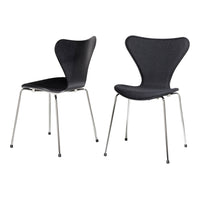 Two modern black chairs with a sleek curved design and chrome legs, featuring a smooth, minimalist finish.