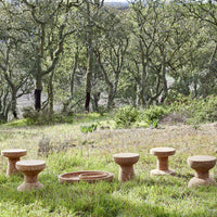 Set of rustic terracotta stools in natural beige hues, surrounded by vibrant green foliage and trees.