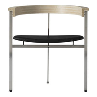 Black seat with smooth wood backrest and sleek silver frame, featuring minimalist design and contemporary patterns.