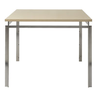 Modern beige tabletop with a sleek silver metal frame, featuring a minimalist design. Ideal for contemporary spaces.