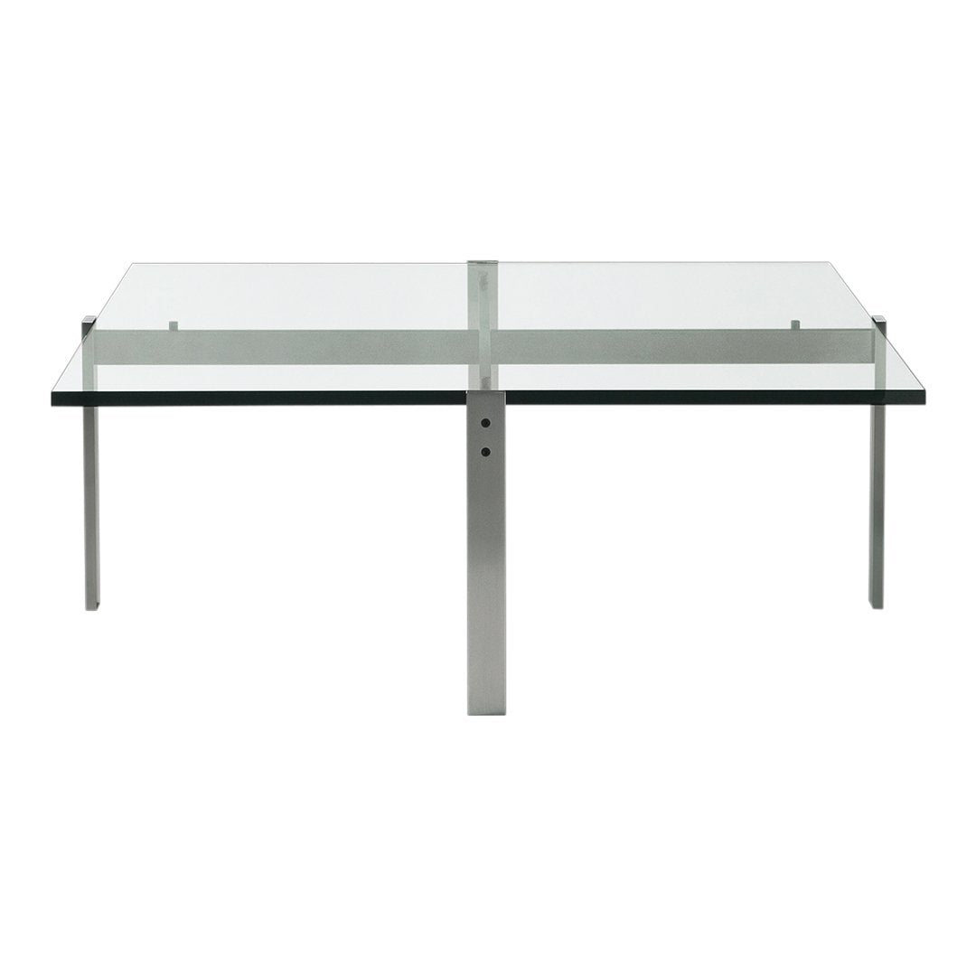 Modern glass coffee table with a sleek silver frame and minimalist design, featuring a clear surface and linear patterns.