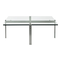 Modern glass coffee table with a sleek silver frame and minimalist design, featuring a clear surface and linear patterns.