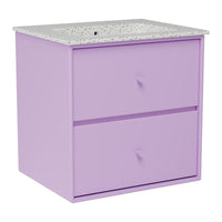Lavender two-drawer cabinet with a speckled gray countertop, ideal for modern decor. Perfect blend of colors and patterns.