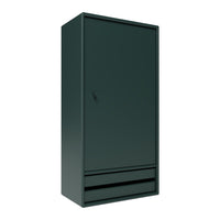 Dark green cabinet with a smooth finish and minimalist design, featuring a single door and two horizontal drawers.