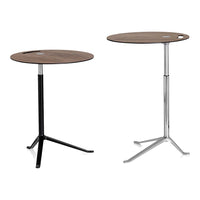 Modern round side tables in walnut finish with black and chrome bases, showcasing sleek, minimalist designs.