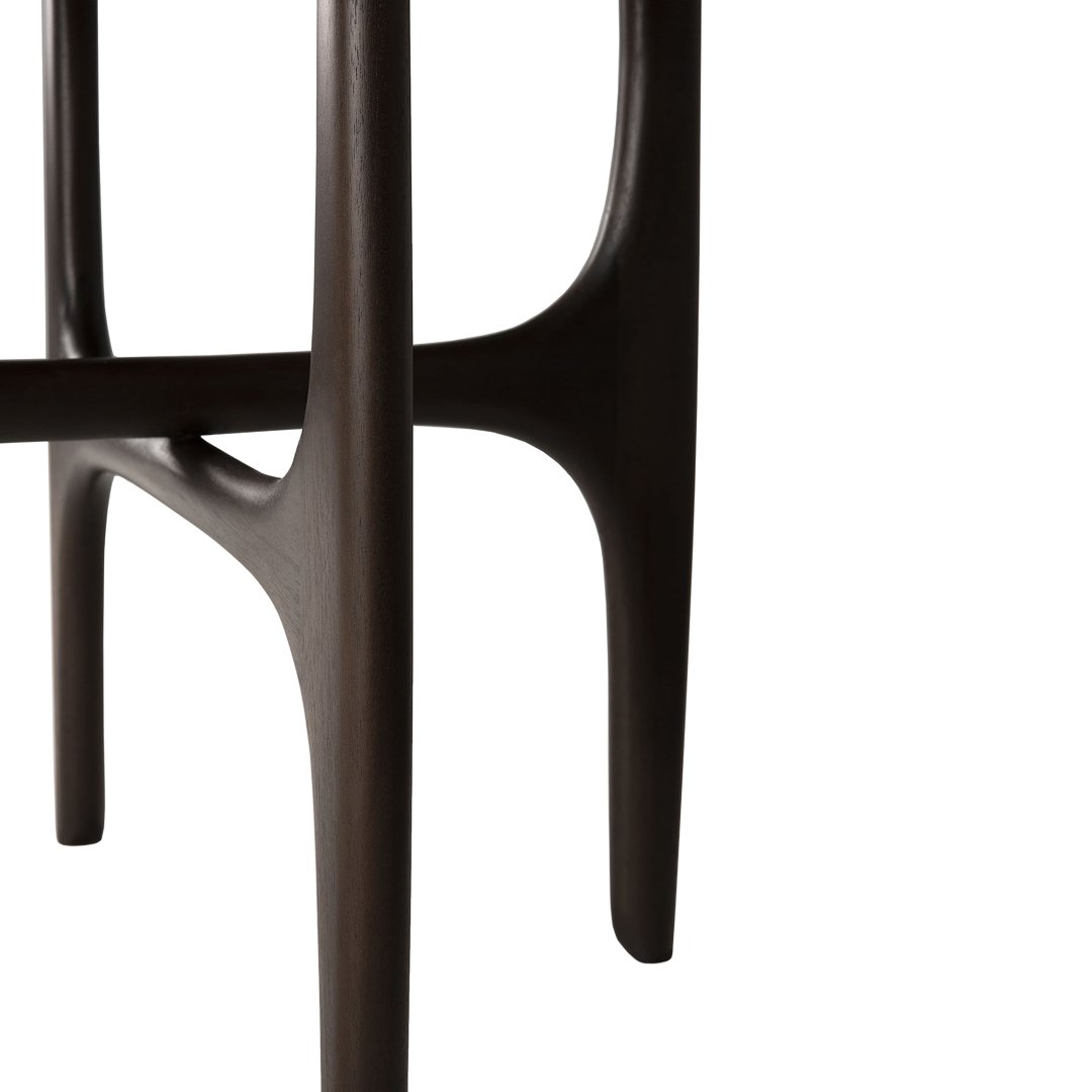 Dark brown wooden bar stool with sleek, modern lines and a streamlined design. Ideal for contemporary decor.