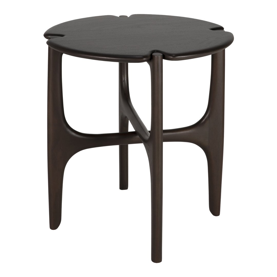 Dark brown, organic-shaped side table with smooth surfaces and rounded edges. Ideal for modern decor styles.