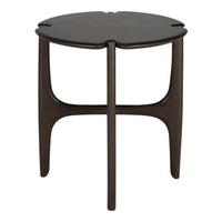Dark brown, round side table with a unique clover-shaped top and slender legs, emphasizing a modern minimalist design.