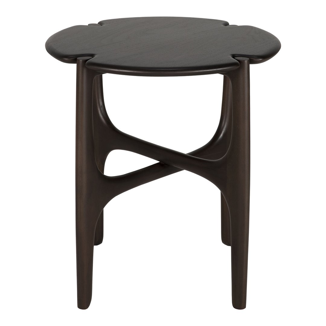 Brown wooden side table with a unique flower-shaped top and curved legs, showcasing a minimalist design.