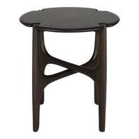 Brown wooden side table with a unique flower-shaped top and curved legs, showcasing a minimalist design.