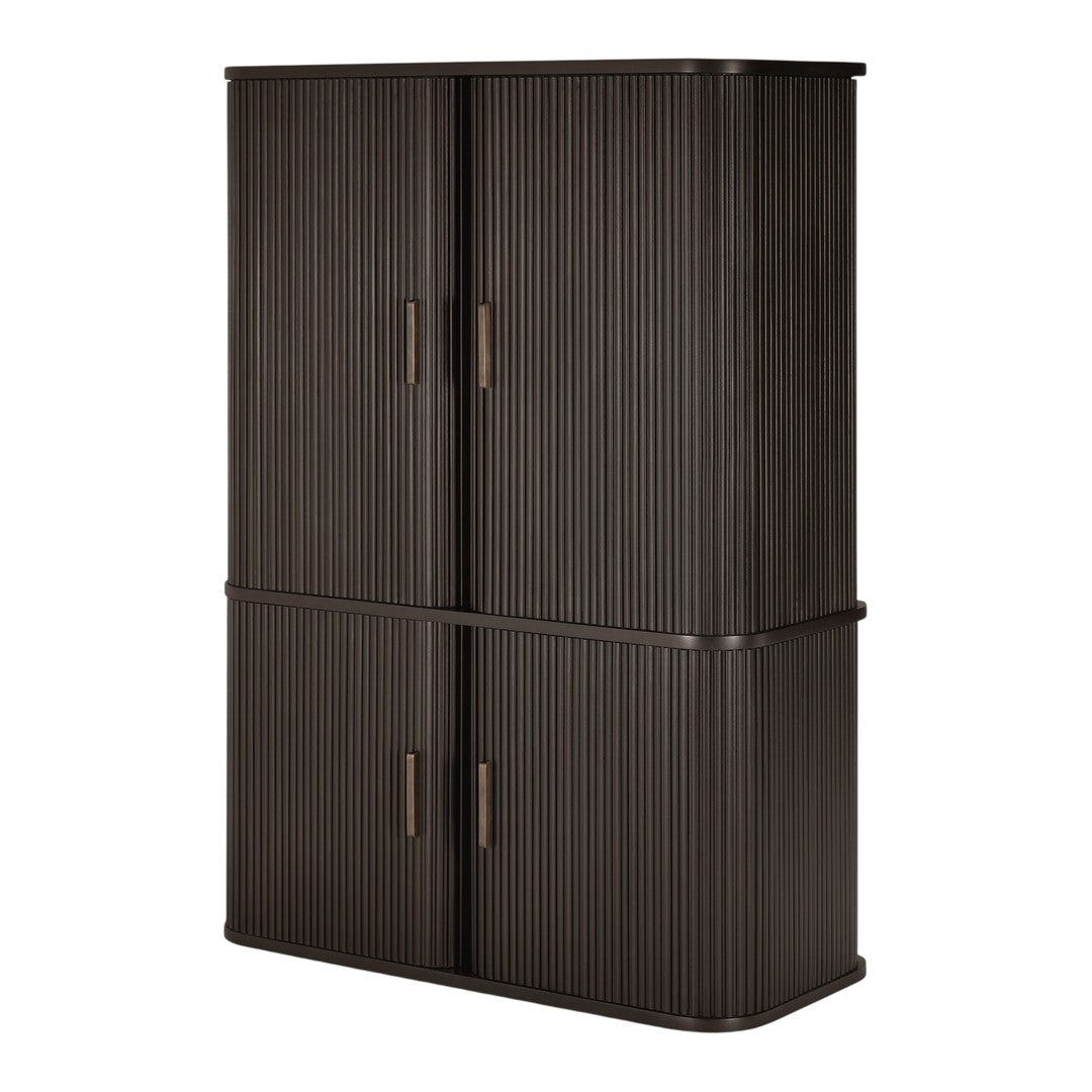 Dark brown cabinet with a vertical ribbed texture and bronze handles, offering a modern and stylish design.