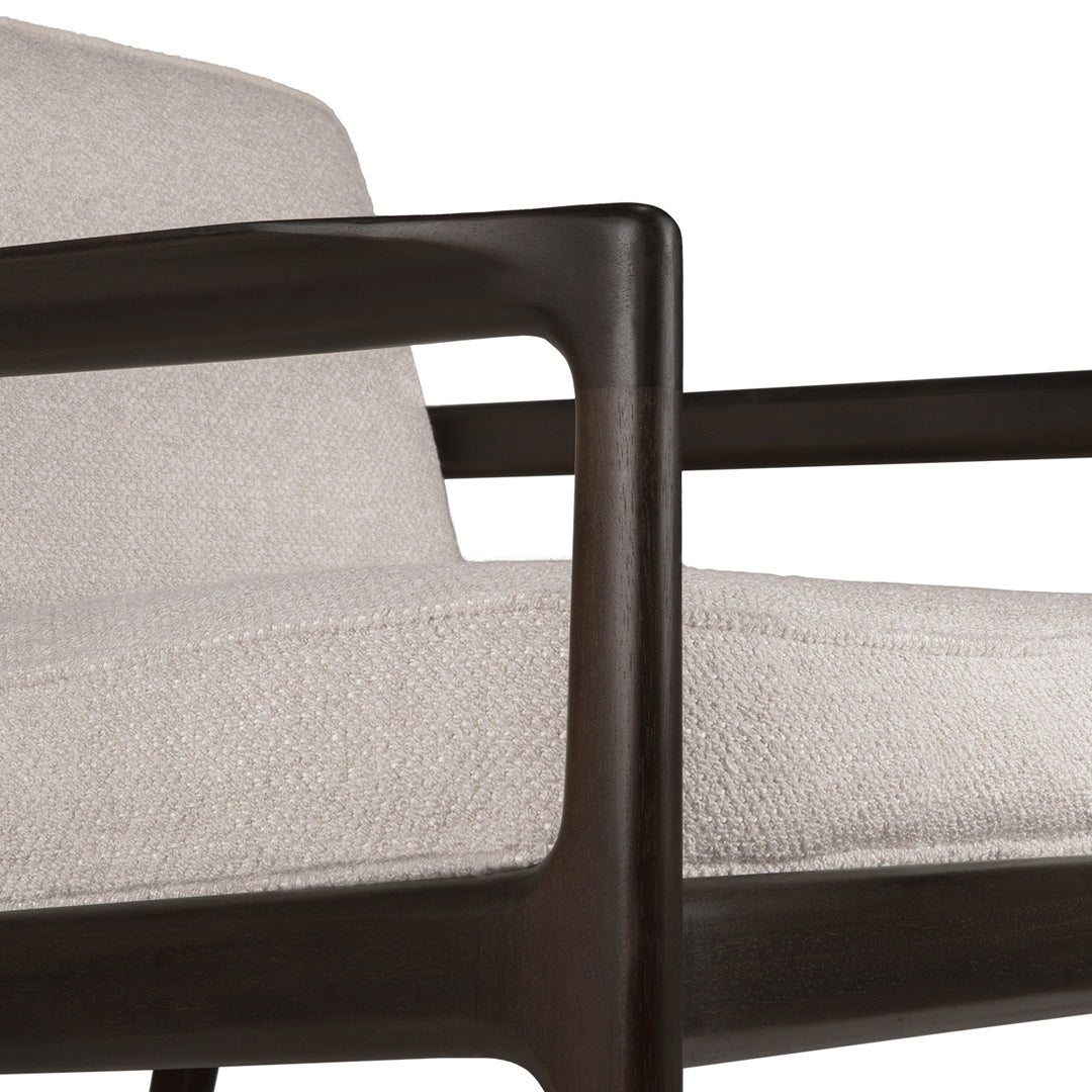 Natural beige fabric seat with a dark wood frame, showcasing a sleek, modern design and subtle texture.