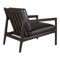 Black leather accent chair with a sleek dark wood frame and horizontal slat design. Perfect for modern decor.