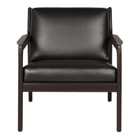 "Stylish black leather chair with a sleek dark wood frame, showcasing a modern, minimalistic design."