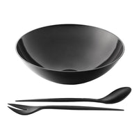 Black serving bowl with minimalist design, accompanied by matching black spoon and fork set. Perfect for modern dining.