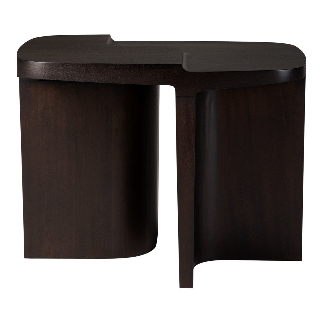 Dark wood accent table with smooth, contemporary curves and a rich, deep brown finish.