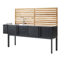 Black kitchen island with a sleek design, featuring wooden slatted back and textured cabinet pattern.