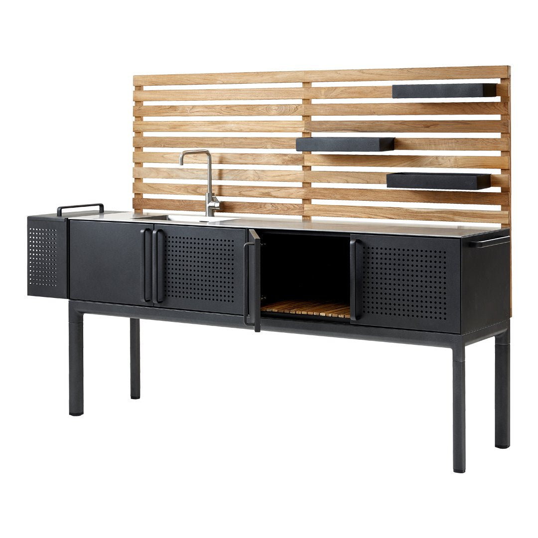 Black metal outdoor kitchen unit with horizontal wooden slats and sleek, minimalist design. Modern and stylish.