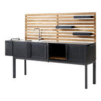 Black metal outdoor kitchen unit with horizontal wooden slats and sleek, minimalist design. Modern and stylish.