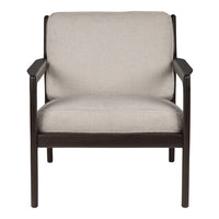 Beige upholstered chair with a smooth fabric finish and dark wooden frame, featuring minimalist design and clean lines.