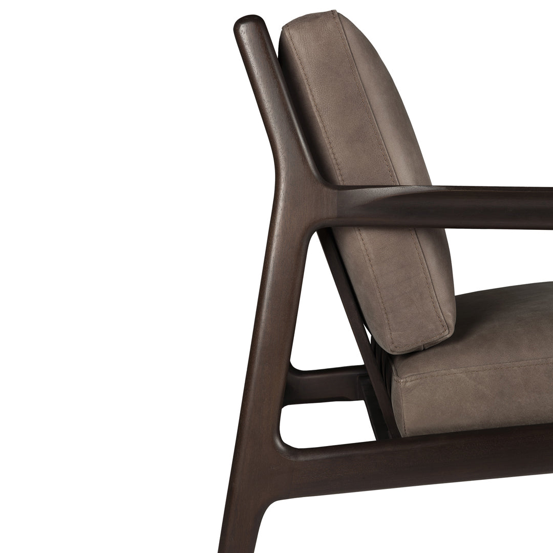 Brown wooden chair with a sleek design and soft grey upholstery, highlighting minimalist style and modern elegance.