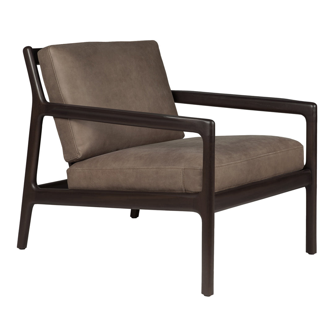 Brown upholstered armchair with dark wood frame, featuring a sleek, minimalist design.