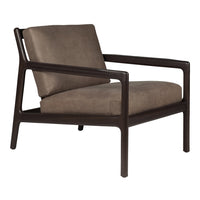 Brown upholstered armchair with dark wood frame, featuring a sleek, minimalist design.