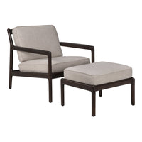 Light gray fabric chair and ottoman with dark brown wooden frame, featuring a sleek, modern design. Perfect for any space.