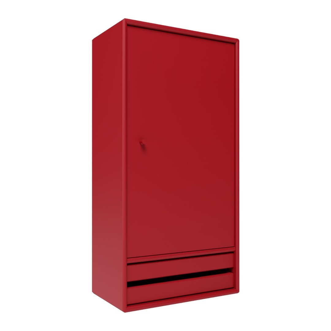 Red wardrobe with a sleek design and a smooth finish, featuring a single door and a bottom drawer.