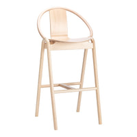 Light wood high chair with a minimalist design and smooth, natural finish. Simple round back adds elegance.