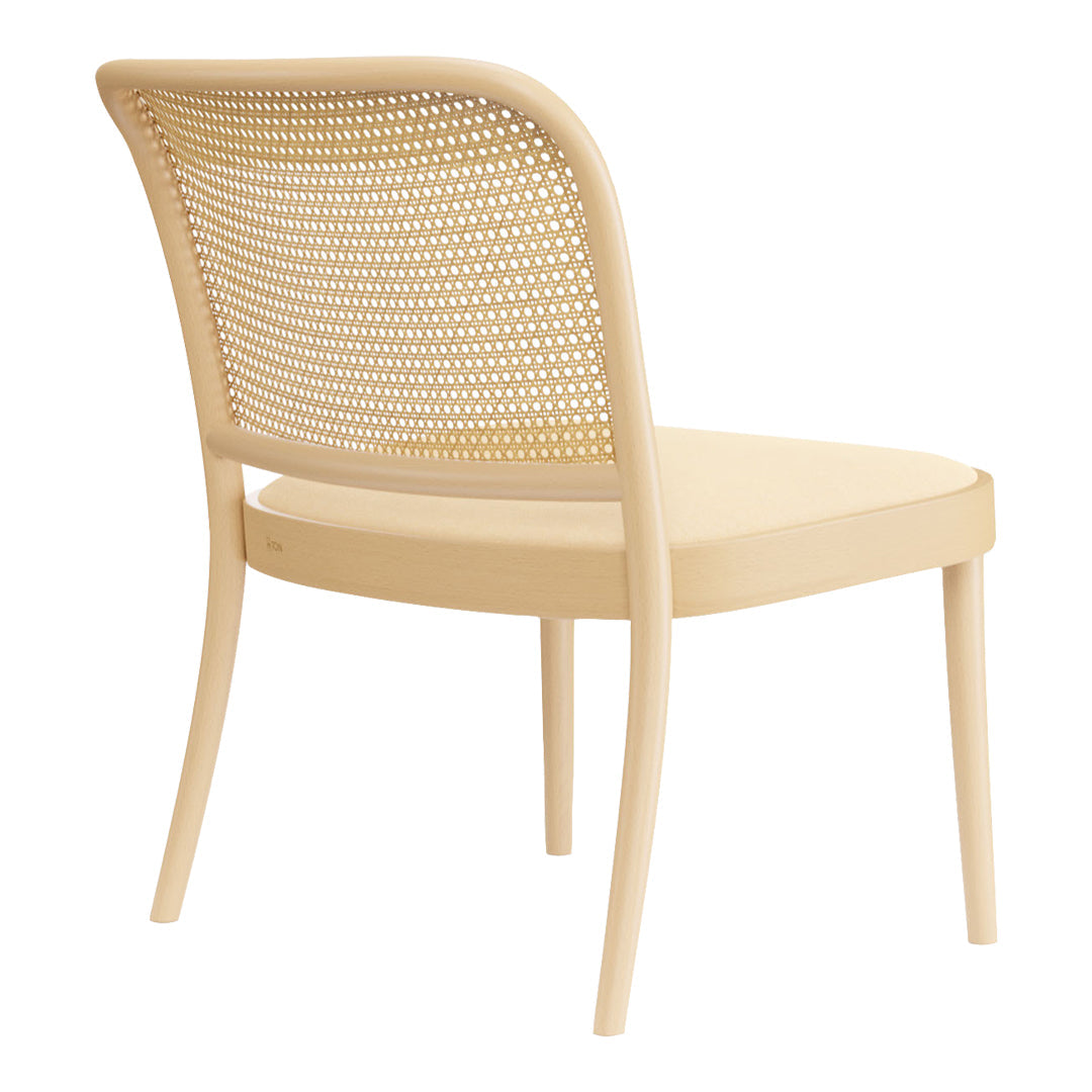 Beige wooden chair with a woven backrest and smooth, rounded seat for a modern, minimalist look.