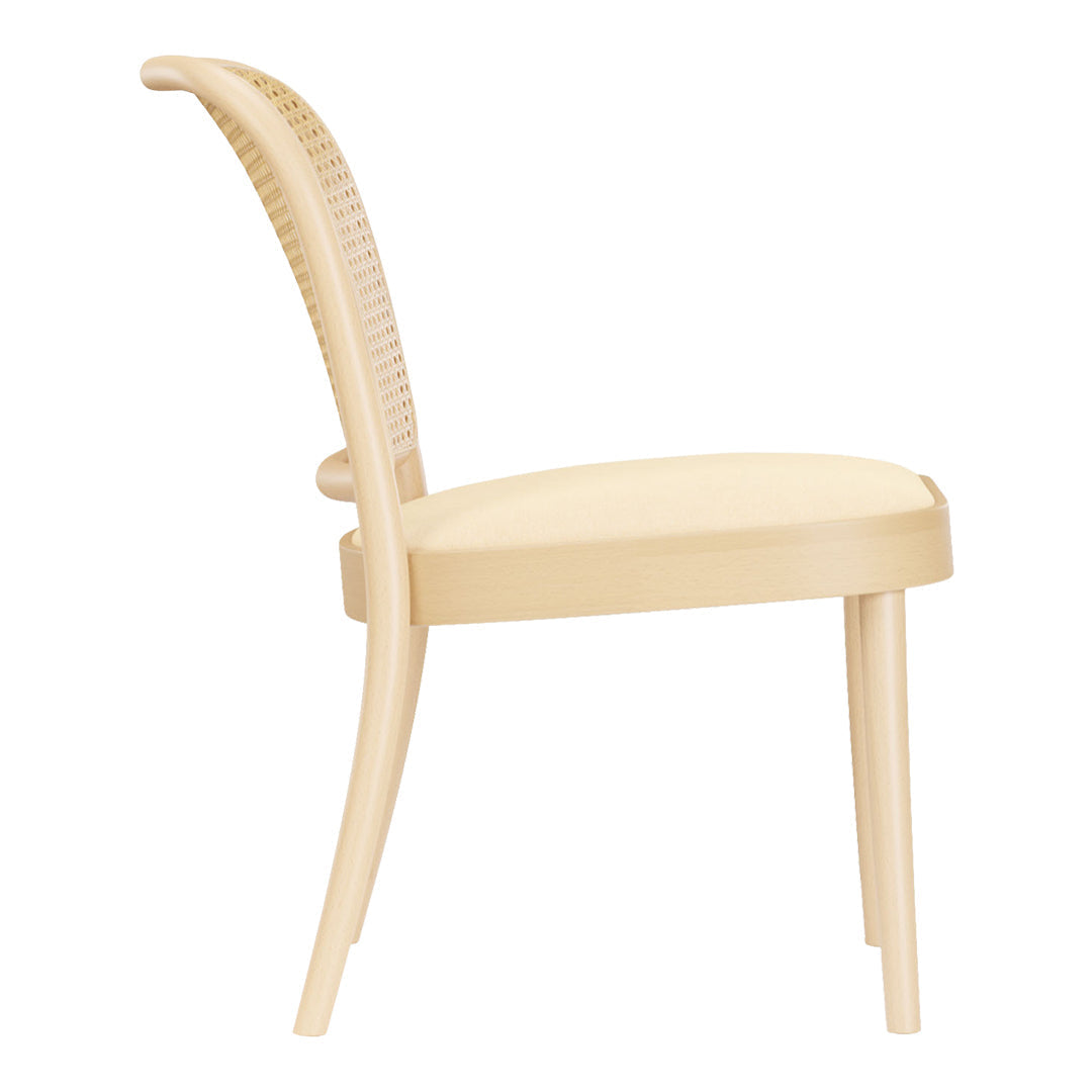 Modern beige chair with a sleek design and woven back pattern, ideal for contemporary spaces.