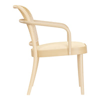 "Side view of a cream-colored chair with a smooth finish and woven backrest pattern."