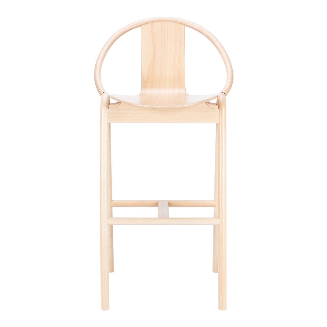 Light wood high chair with a smooth, natural finish and minimalist round back design. Perfect for modern nurseries.