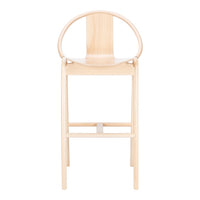 Light wood high chair with a smooth, natural finish and minimalist round back design. Perfect for modern nurseries.