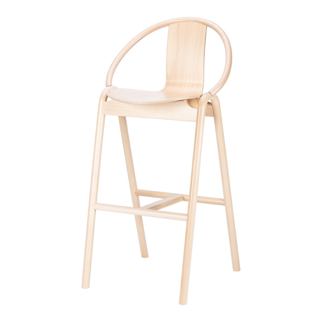 Light wood high chair with a smooth, minimalist design and curved backrest, showcasing natural color tones.