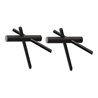 Two geometric black metal sculptures with unique linear patterns and minimalist design accents.