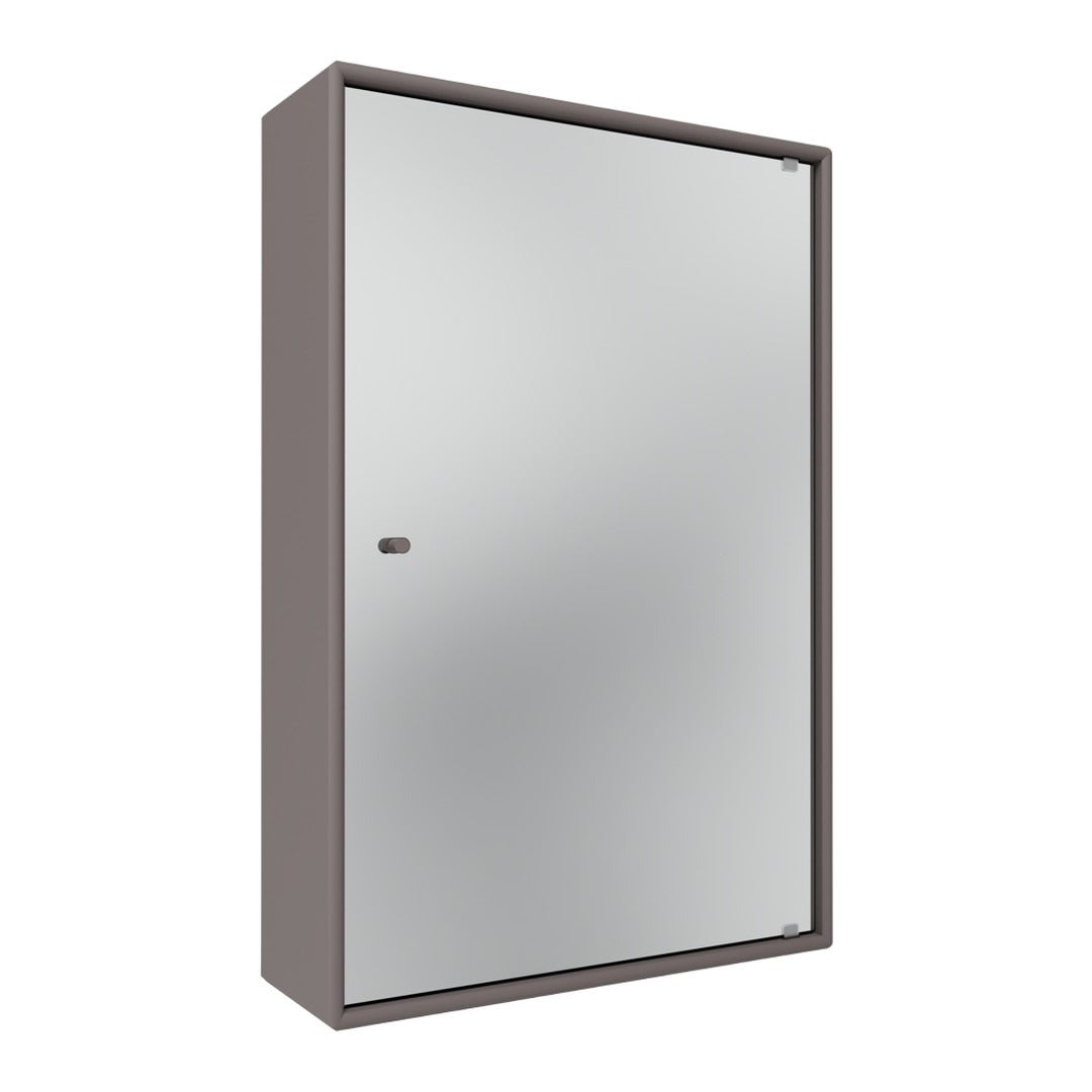 Silver mirrored cabinet with a sleek brown frame, featuring a minimalist design and smooth surface.