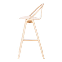 Natural wood bar stool with a sleek, minimalist design and smooth curves, showcasing a light beige finish.