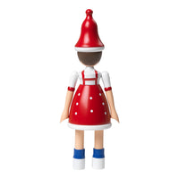 Red dress with white polka dots, matching red hat, and blue socks, showcasing playful colors and cheerful design.