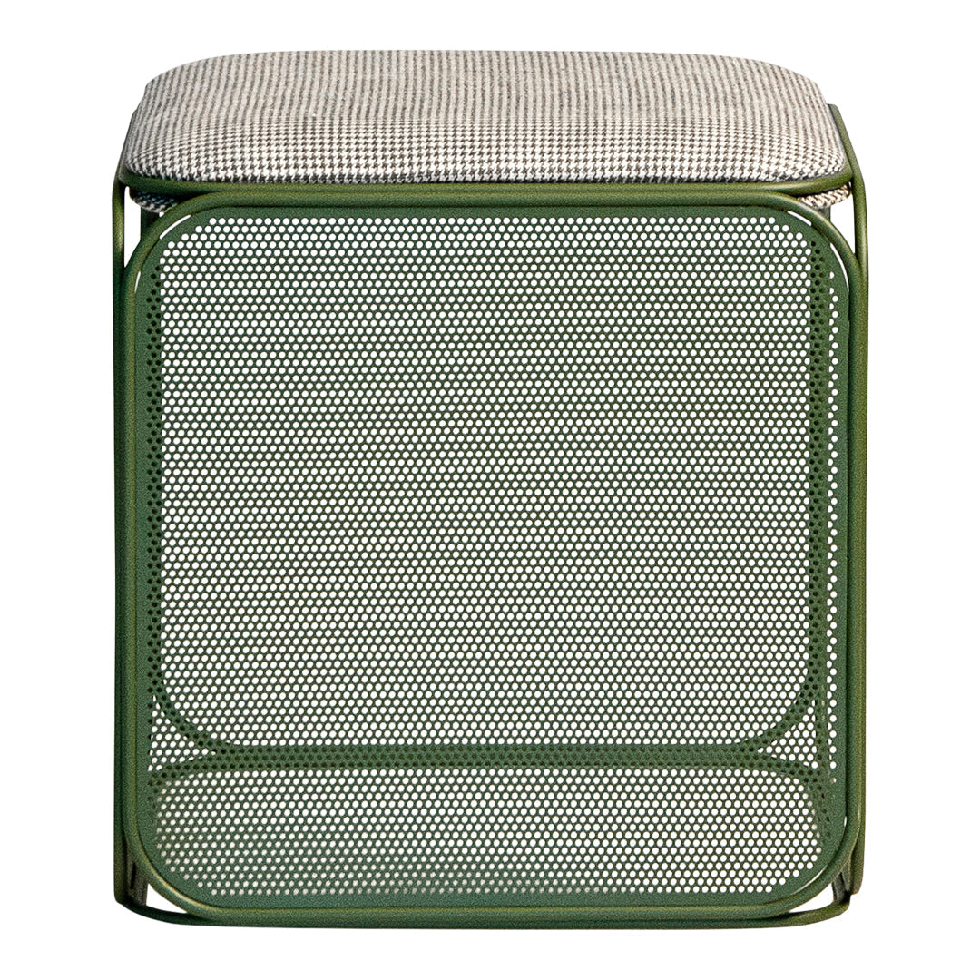 Green metal stool with a black and white checkered cushion pattern on top. Modern design for versatile decor.