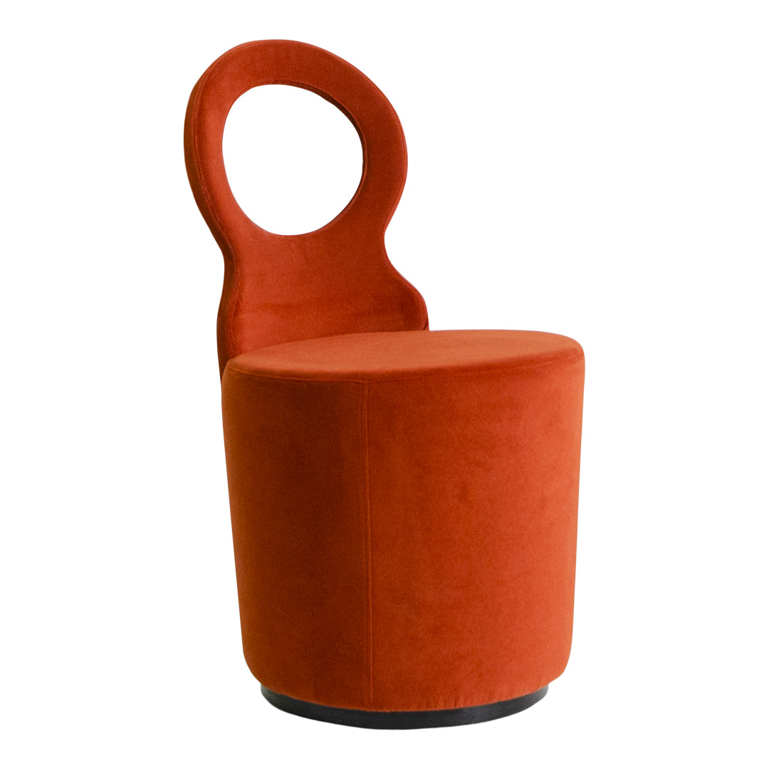 Velvet round chair in vibrant orange with a unique circular backrest, perfect for adding a pop of color to any space.