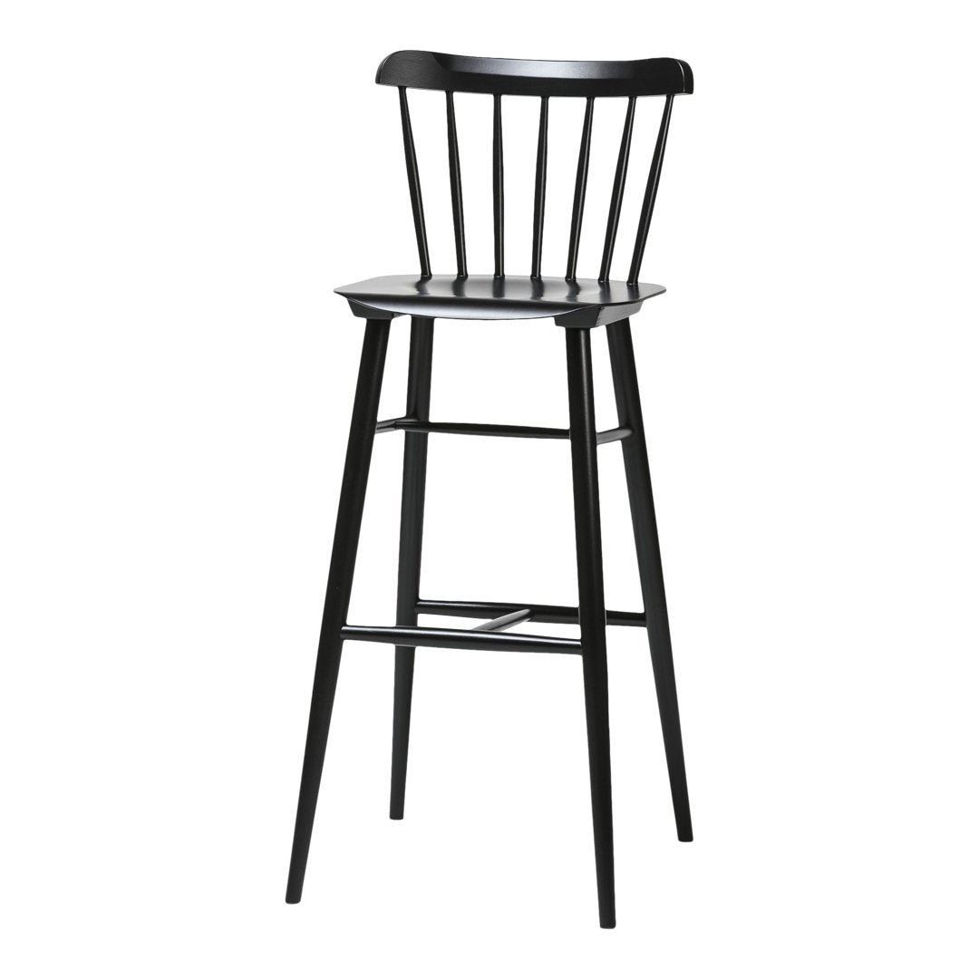 Black wooden bar stool with a slatted back and sleek, minimalist design. Perfect for modern decor.