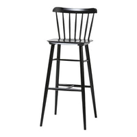 Black wooden bar stool with a slatted back and sleek, minimalist design. Perfect for modern decor.