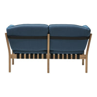Blue fabric cushions with a wood frame and black striped seat pattern, ideal for modern décor.