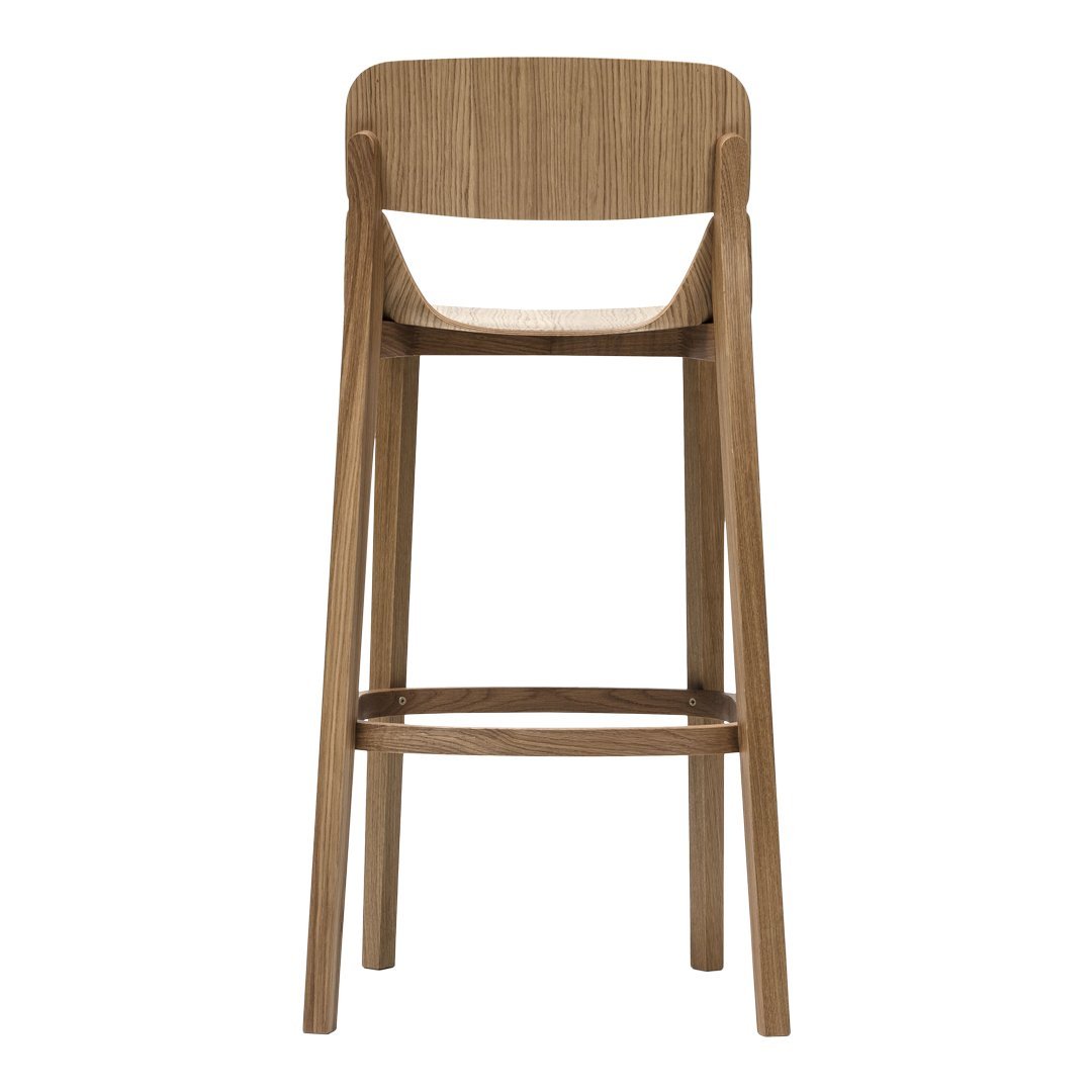 Natural wood bar stool in a warm, light brown finish with a minimalist design and smooth texture.