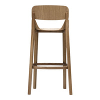 Natural wood bar stool in a warm, light brown finish with a minimalist design and smooth texture.
