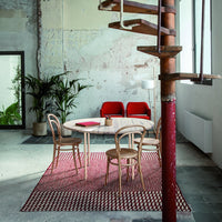 Red geometric patterned rug in a minimalist dining area with wooden furniture and greenery.