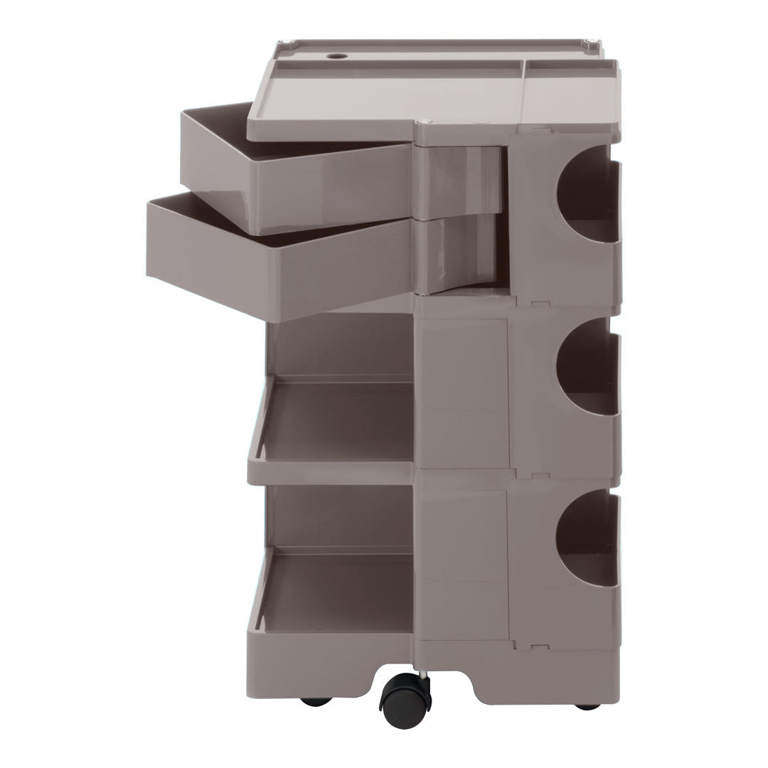 Gray four-drawer storage cart with textured surface and rounded handle cutouts, perfect for organizing any space.