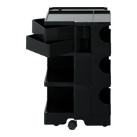 Black multi-drawer storage cart with a sleek, modern design and smooth, curved edges. Perfect for organizing essentials.